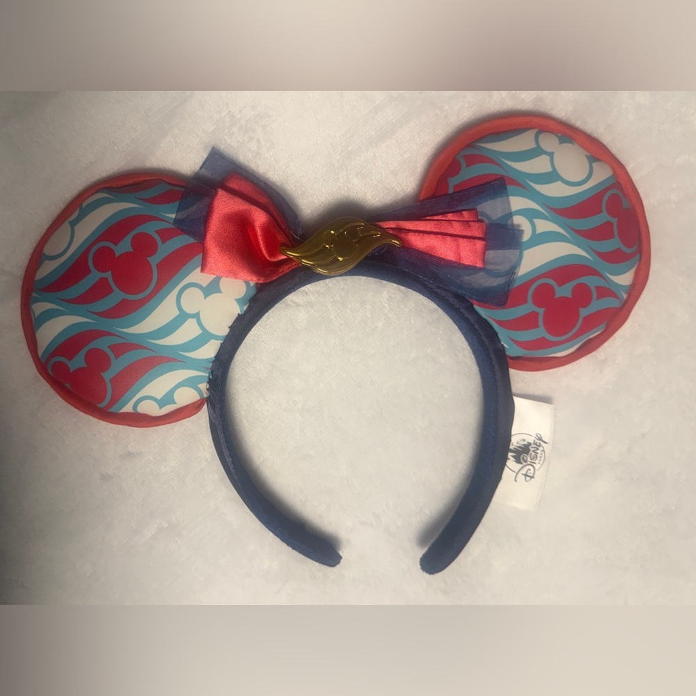 Disney Cruise Line Minnie Ear Headband with Red Bow and Blue Patterned Ears